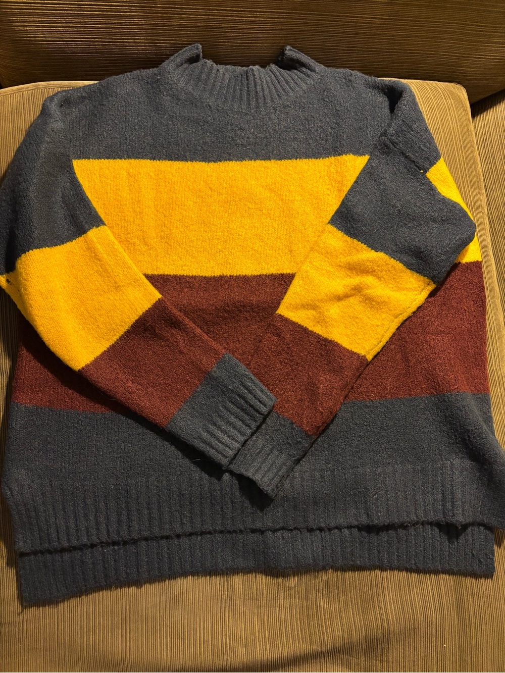 Women’s Striped Crewneck Sweater in navy, mustard and maroon